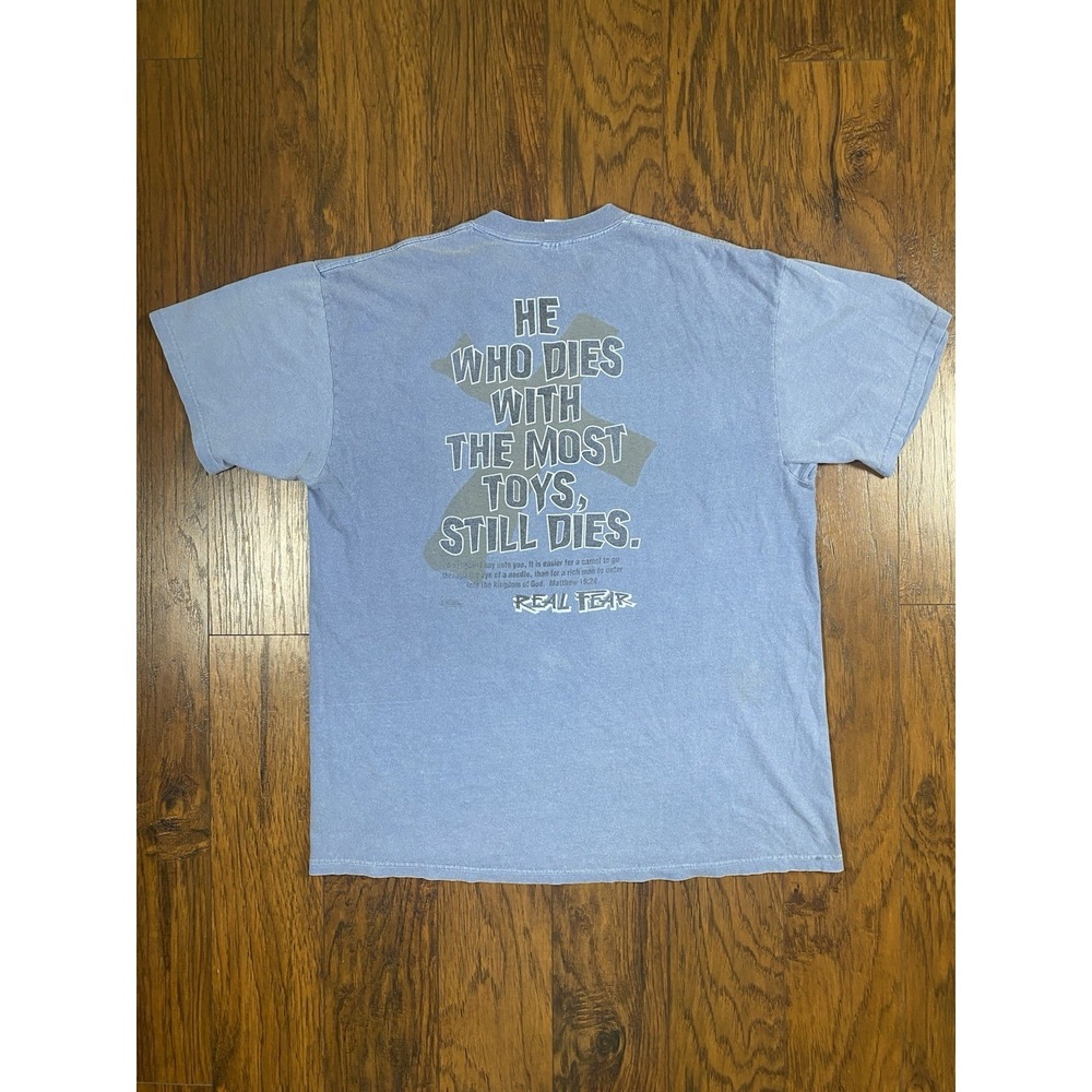 Delta Pro Weight Real Fear Graphic T-Shirt Blue Mens Large He Who Dies With Toys
